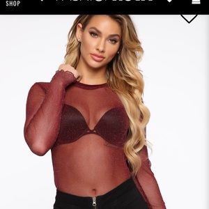 Long Sleeve Mesh Sheer Burgundy Gold Top